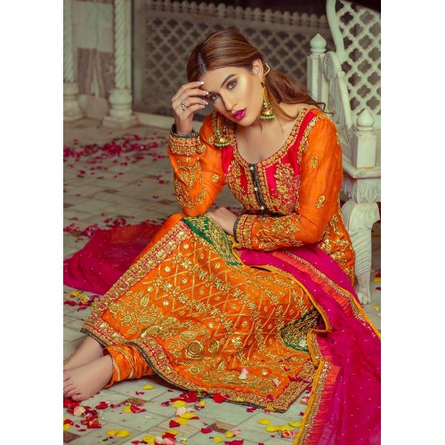 Safety Orange Morpho Churidar for Mehndi Mayun