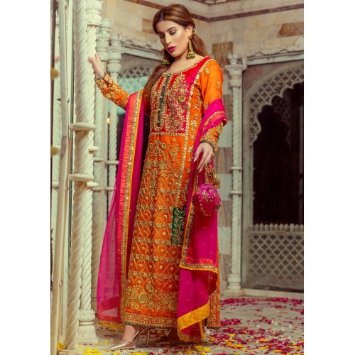 Safety Orange Morpho Churidar for Mehndi Mayun