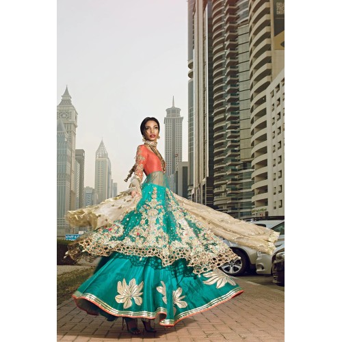 Coral Teal Balsam Lehenga