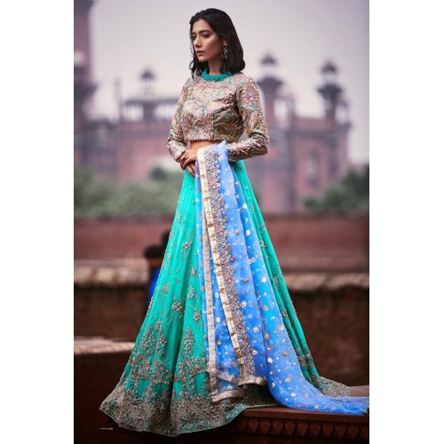 Fluorescent Cyan Peony Lehenga
