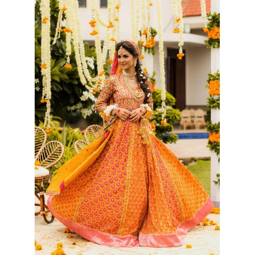 Safety Orange Flora Lehenga for Mehndi Mayun