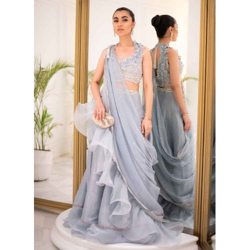 Battleship Grey Flora Lehenga Saree