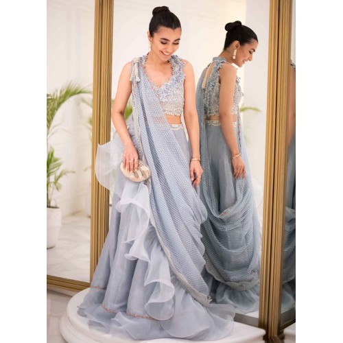 Battleship Grey Flora Lehenga Saree
