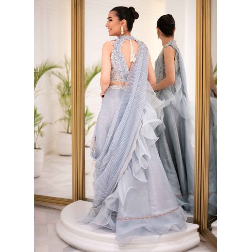 Battleship Grey Flora Lehenga Saree