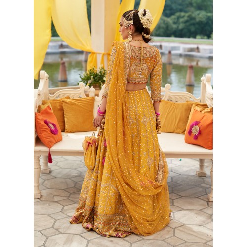 Fluorescent Orange Flora Lehenga for Mehndi Shehndi