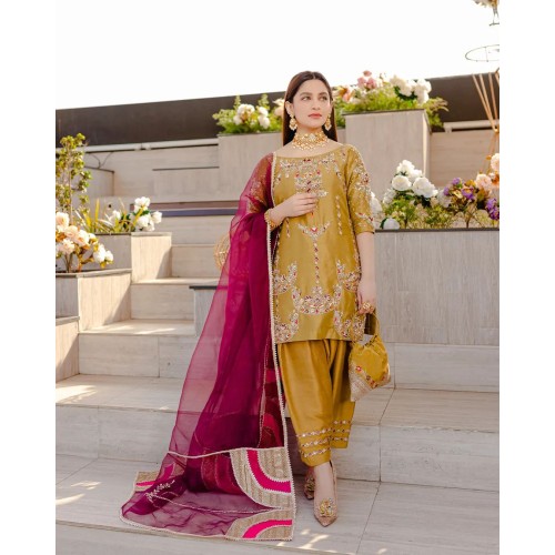 Satin Sheen Gold Aster Shalwar Suit Satin Sheen Gold Aster Shalwar Suit