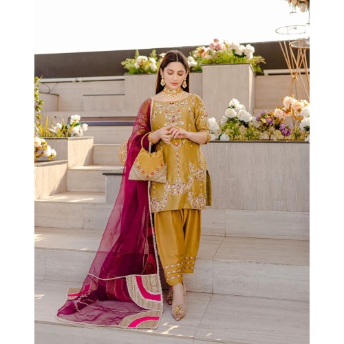 Satin Sheen Gold Aster Shalwar Suit Satin Sheen Gold Aster Shalwar Suit