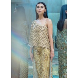 Light Gold Snowflake One Shoulder Asymmetric Trousers Suit