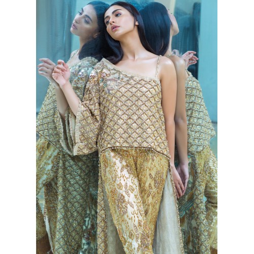 Light Gold Snowflake One Shoulder Asymmetric Trousers Suit