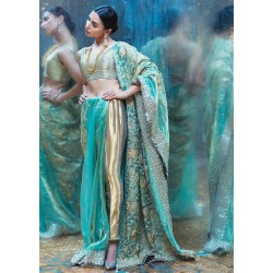 Gold and Turquoise Snowflake Saree Pants