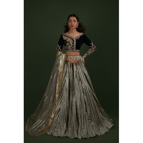 Dull Cambridge Blue Peony Lehenga