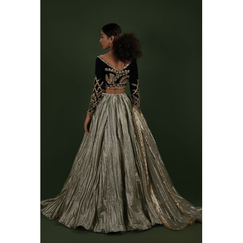 Dull Cambridge Blue Peony Lehenga