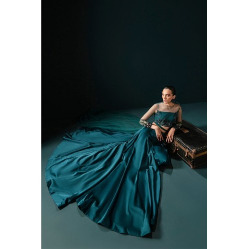 Teal Peony Lehenga with Drape
