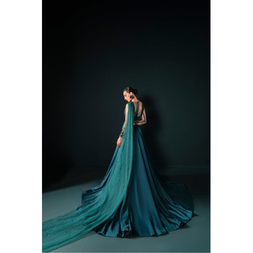 Teal Peony Lehenga with Drape