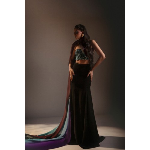 Black Peony Lehenga and Bustier Top