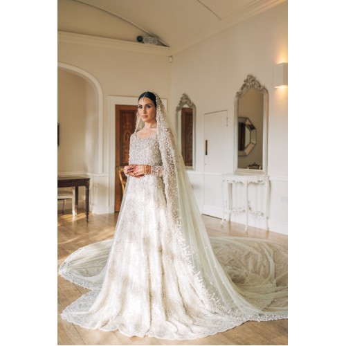 Off White Peony Gown with Veil