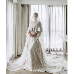Off White Peony Gown with Veil