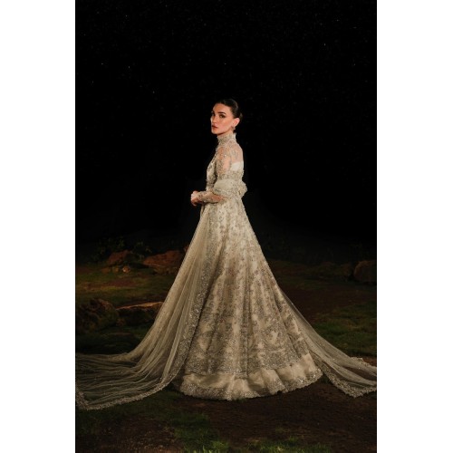 Bone Peony Pishwas with Attached Drapes