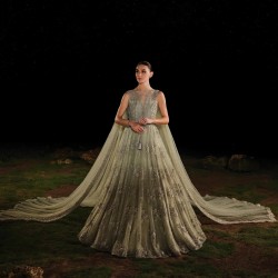 Sage Peony Gown with Attached Drapes