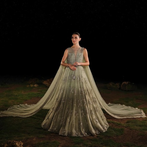 Sage Peony Gown with Attached Drapes