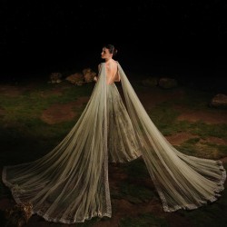 Sage Peony Gown with Attached Drapes