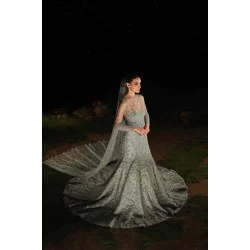Ash Gray Peony Gown with Veil