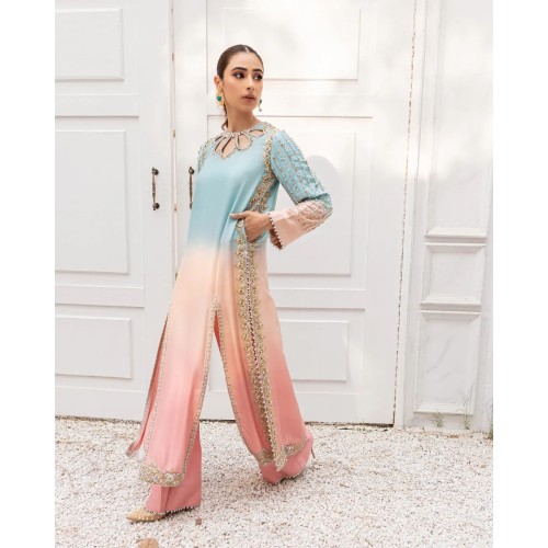 Aqua Multi and Shell Pink Coco Trousers Suit Aqua Multi and Shell Pink Coco Trousers Suit