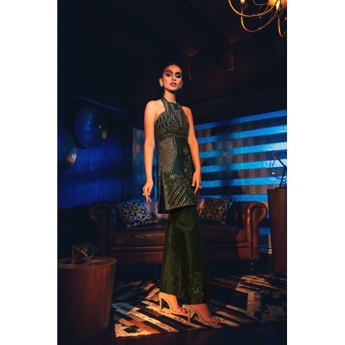 Dark Green Nerine Halter Neck Shirt and Trousers