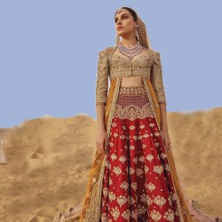 Copper and Cornell Red Fleur-de-lis Lehenga and Shirt