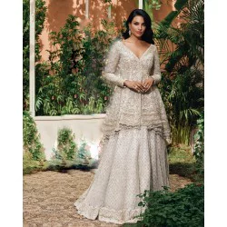 Off White Fleur-de-lis Peplum and Lehenga