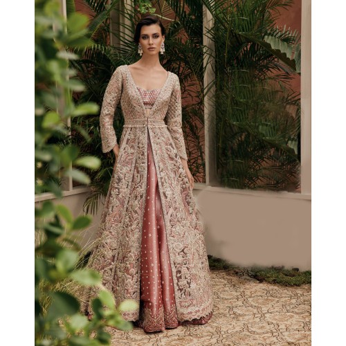 Coral Pink Fleur-de-lis Jacket and Lehenga