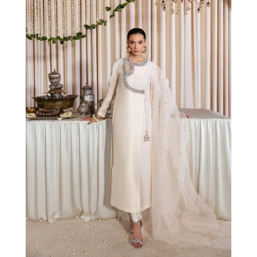 White Marsh Long Shirt with Angrakha Style Neckline