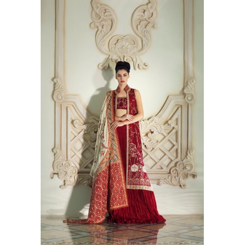 OU Crimson Red Snapdragon Jacket and Lehenga OU Crimson Red Snapdragon Jacket and Lehenga