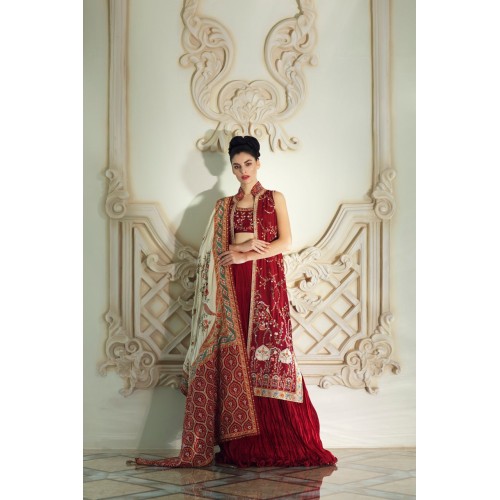 OU Crimson Red Snapdragon Jacket and Lehenga OU Crimson Red Snapdragon Jacket and Lehenga