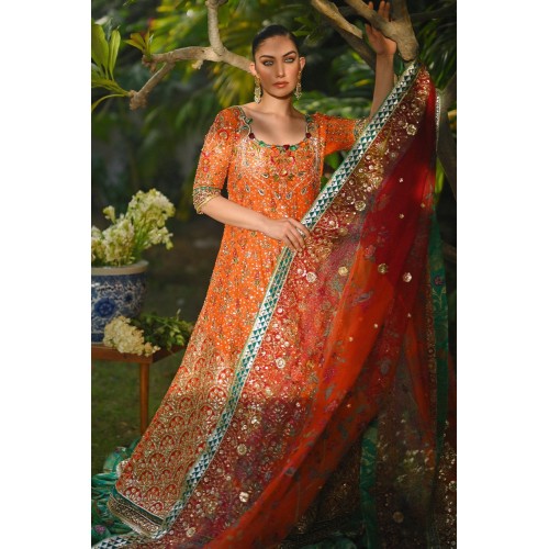 Safety Orange Snapdragon Lehenga for Mehndi Mayun