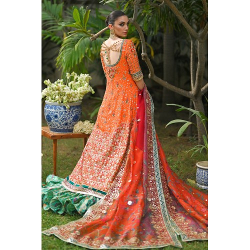Safety Orange Snapdragon Lehenga for Mehndi Mayun