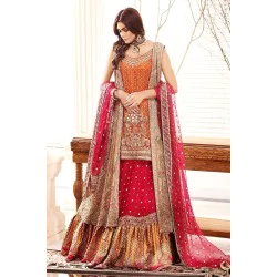 Burlywood and Fire Engine Red Amaryllis Gown and Gharara
