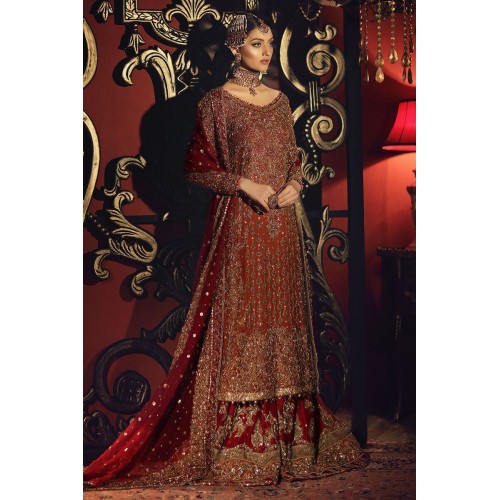 Burnt Umber and OU Crimson Red Amaryllis Long Shirt and Gharara Burnt Umber and OU Crimson Red Amaryllis Long Shirt and Gharara