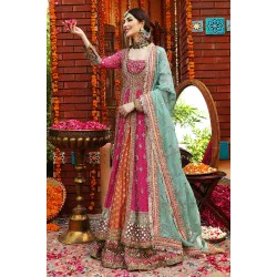 Vivid Cerise Amaryllis Kalidaar with Orange Lehenga