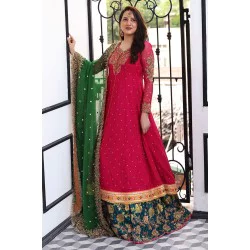Raspberry Amaryllis Frock with Teal Lehenga