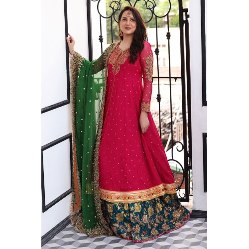 Raspberry Amaryllis Frock with Teal Lehenga Raspberry Amaryllis Frock with Teal Lehenga