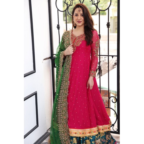 Raspberry Amaryllis Frock with Teal Lehenga Raspberry Amaryllis Frock with Teal Lehenga