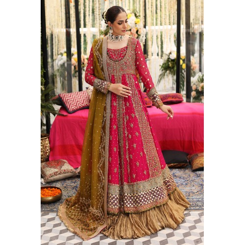 Raspberry Amaryllis Pishwas with Golden Brown Lehenga
