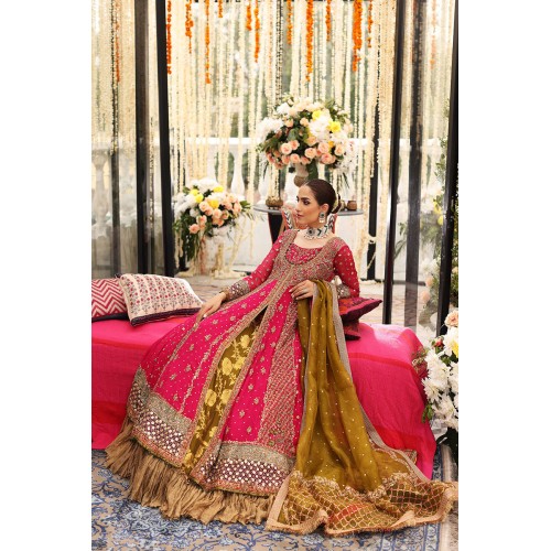 Raspberry Amaryllis Pishwas with Golden Brown Lehenga