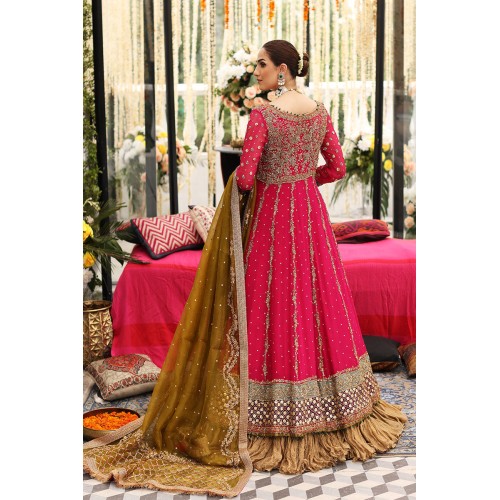 Raspberry Amaryllis Pishwas with Golden Brown Lehenga