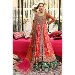 Orange Folly Amaryllis Pishwas with Green Lehenga