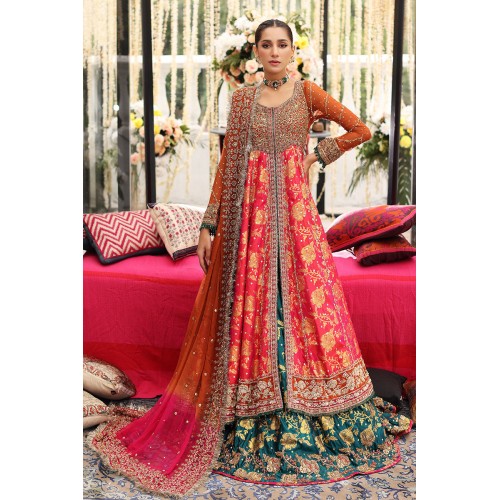 Orange Folly Amaryllis Pishwas with Green Lehenga Orange Folly Amaryllis Pishwas with Green Lehenga