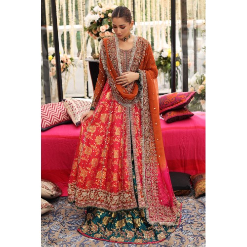 Orange Folly Amaryllis Pishwas with Green Lehenga Orange Folly Amaryllis Pishwas with Green Lehenga