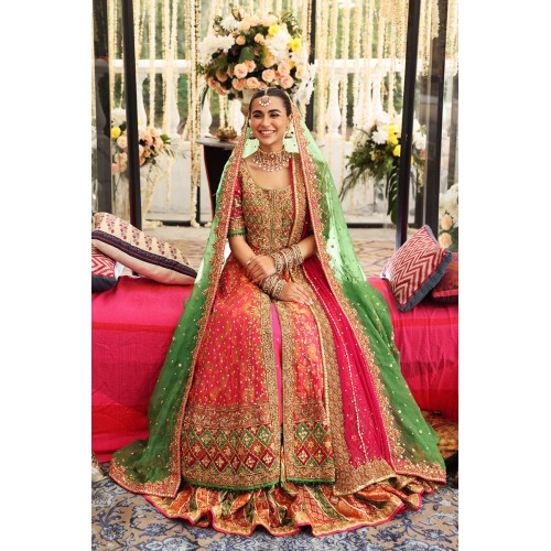 Radical Red Amaryllis Pishwas with Chatta Patti Lehenga