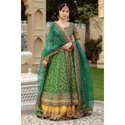 Forest Green Amaryllis Pishwas with Saffron Farshi Lehenga